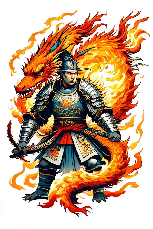 Japanese Warrior In Armor And Two Dragon Breathing Fire
