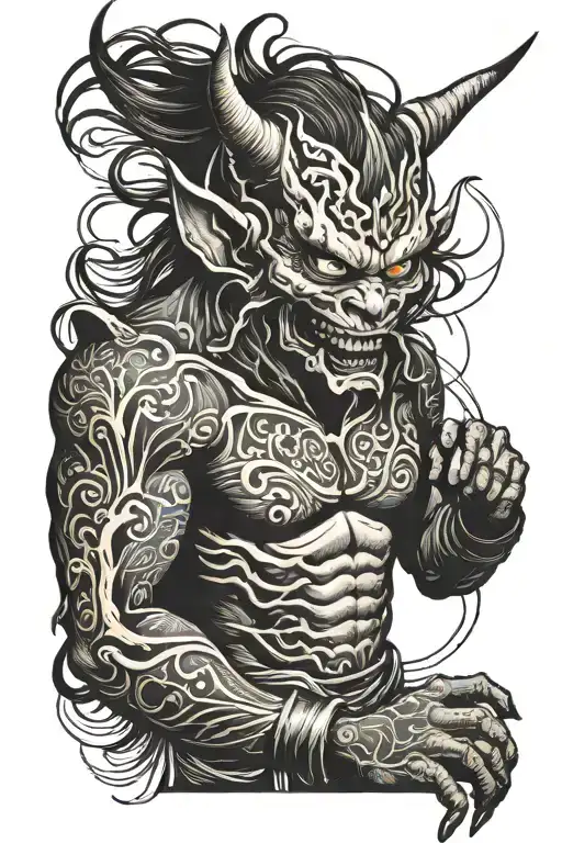Black And White Demon Tattoo On Sleeve With Mask