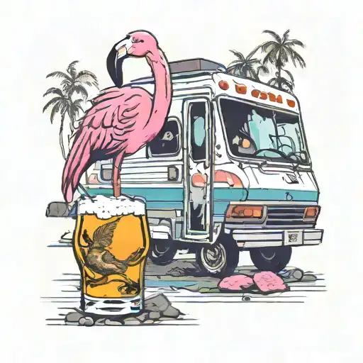 A Obese Flamingo Drinking Whiskey In Front Of An Rv