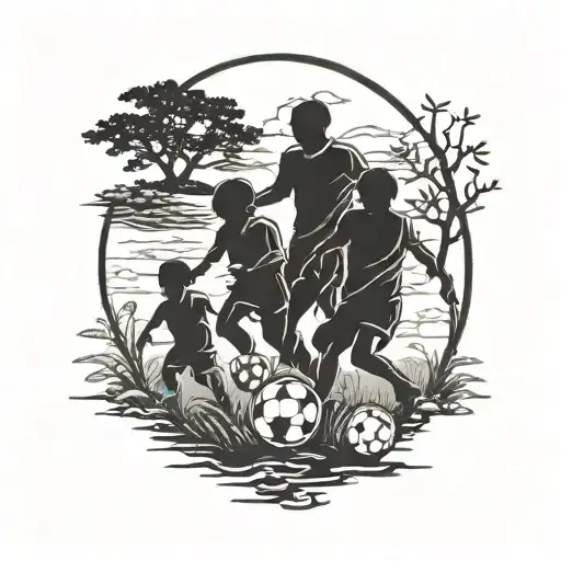 A Silhouette Of A Father Playing Soccer With His Two Sons