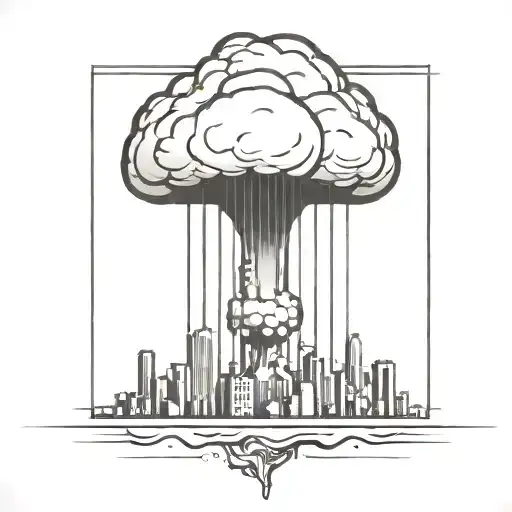 An Abstract Nuclear Explosion Mushroom Cloud Destroying A Major City In An Abstract Black Line Frame