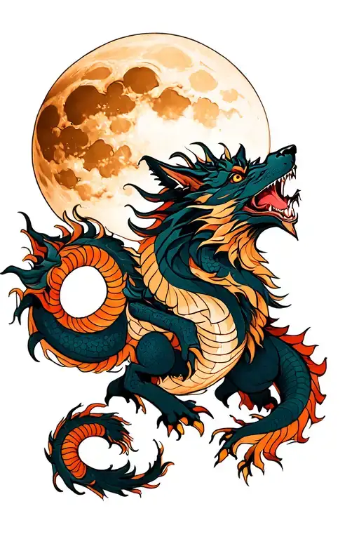 Dragon And Wolf Howling At The Moon