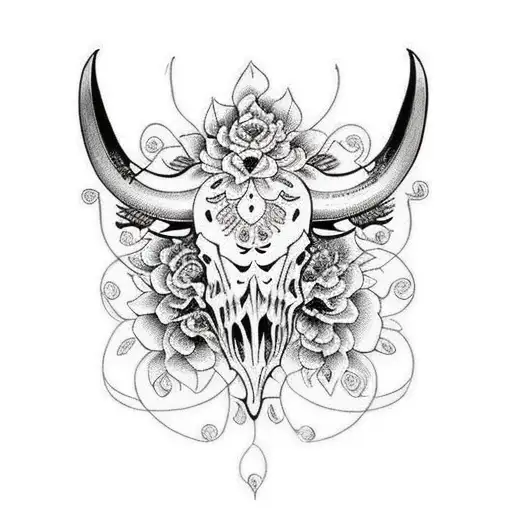 A Traditional Style Buffalo Skull With Intricate Floral Patterns