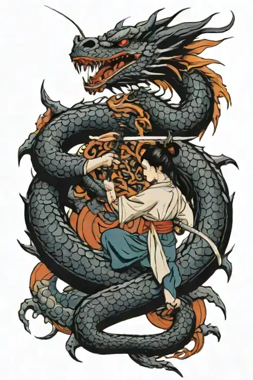 A Dragon With A Woman Holding A Sword