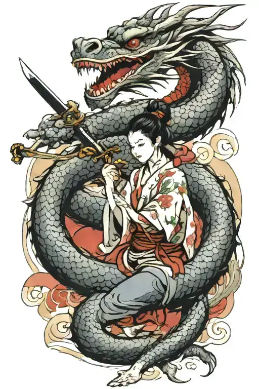 A Dragon With A Woman Holding A Sword