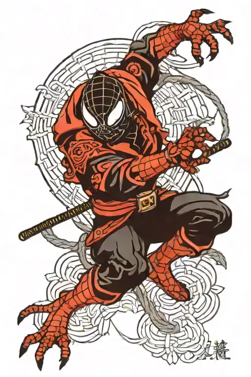 Spider With A Samurai Mask Roping Down