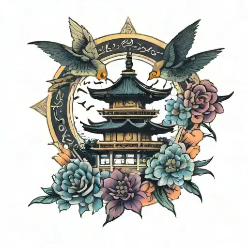 Pagoda With Coloured Flower Sun And Birds With A Famous Japanese Quote