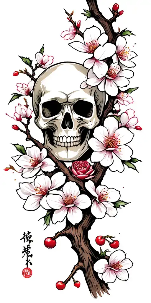 Cherry Blossom Branch With Samurai Skull