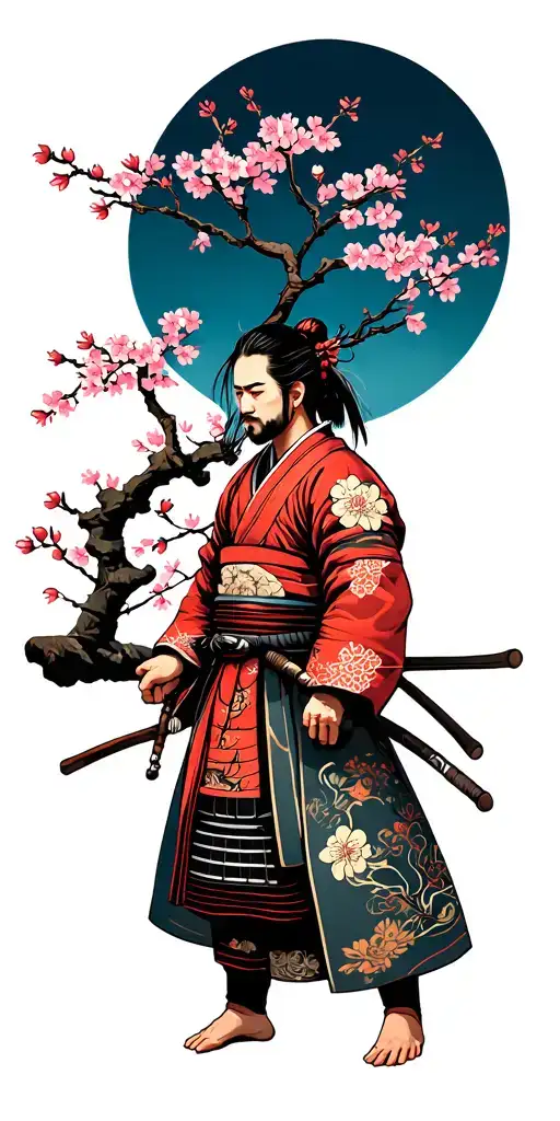 Cherry Blossom Tree Surrounding A Japanese Samurai