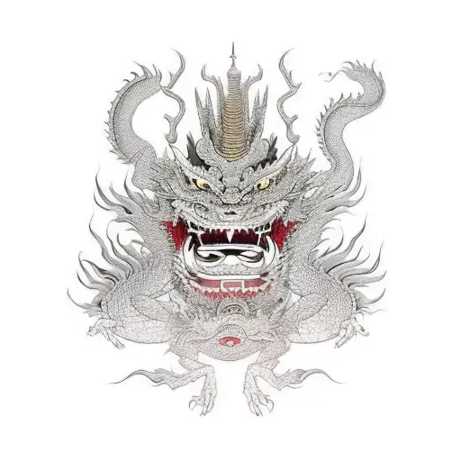 Japanese Maske With Dragon Wrapped In And Around The Mask And With Flowers In Background