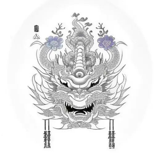 Japanese Mask With Dragon And With Flowers In Background