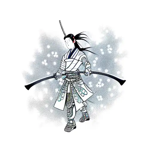 A Fierce Samurai Woman Wielding A Katana Surrounded By Cherry Blossoms