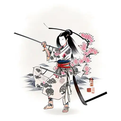 A Hot Fierce Samurai Woman Wielding A Katana Surrounded By Cherry Blossoms