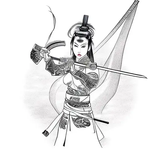 A Hot Looking Fierce Samurai Woman Wielding A Katana Surrounded By A Dragon