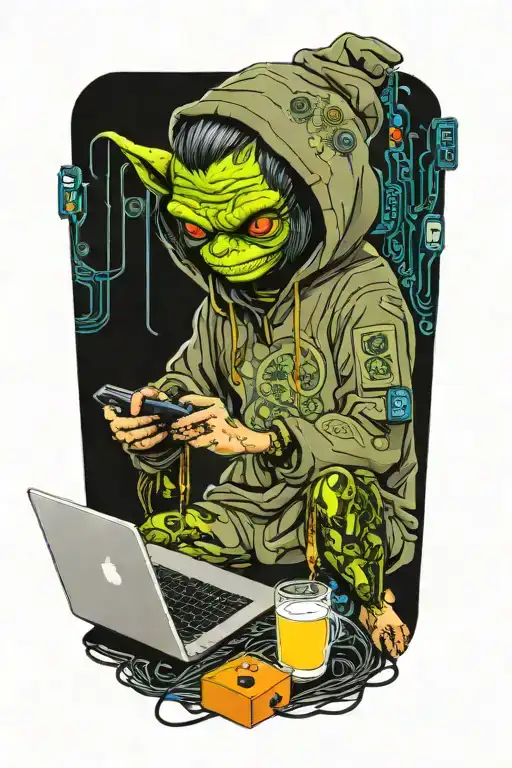 Gremlin Hacker Wearing A Hoodie Using A Laptop Circuit Board Soldering