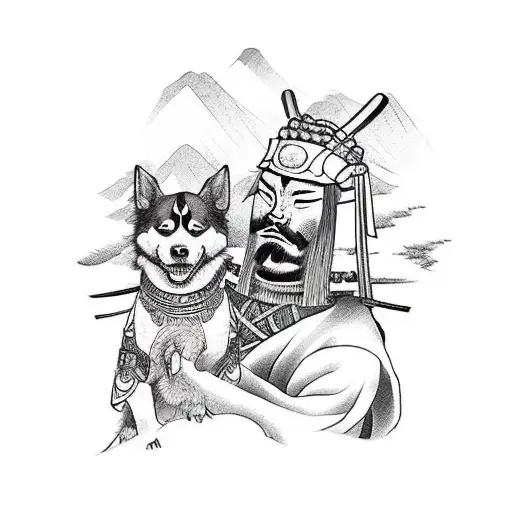 A Fierce Samurai Warrior Hiking Up A Mountain Trail With A Loyal Dog By His Side