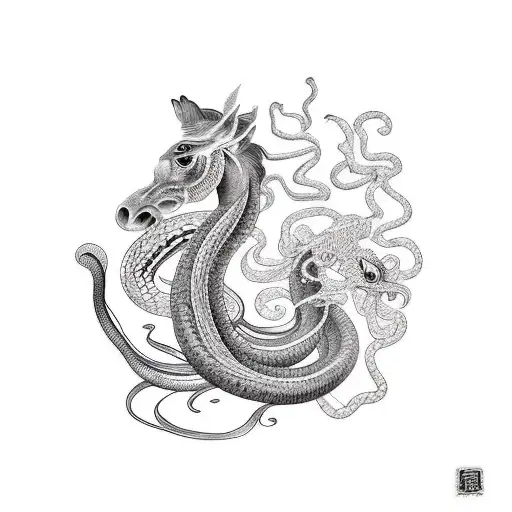 Horse Two Roosters And A Snake