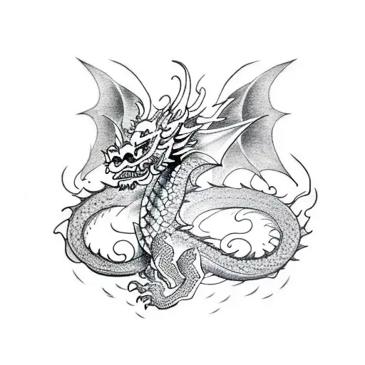 A Dotwork Tattoo Of A Dragon Holding A Pencil And Sketching