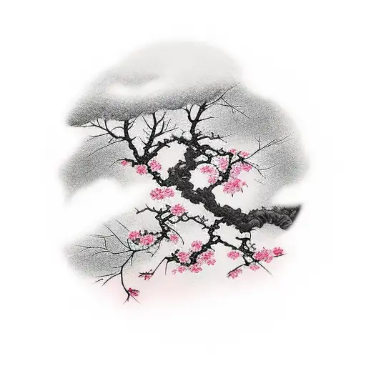 A Realistic Sakura Tree With Japanese Temples In The Background