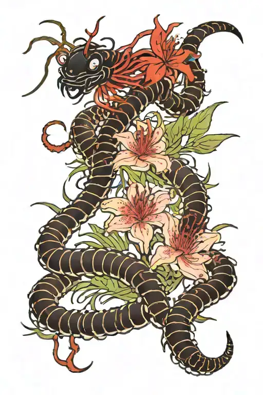 Black Centipede With Red Spider Lily