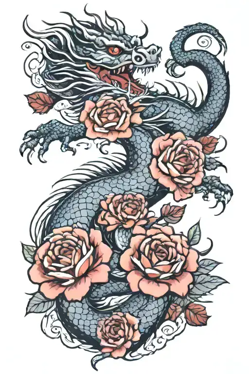 Oriental Dragon With Roses