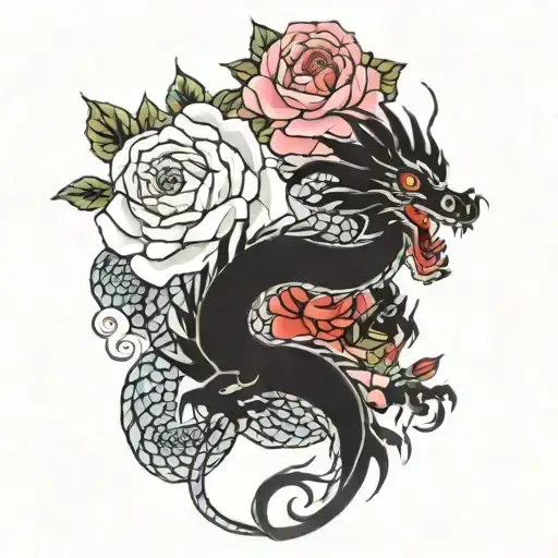 Oriental Dragon With Roses