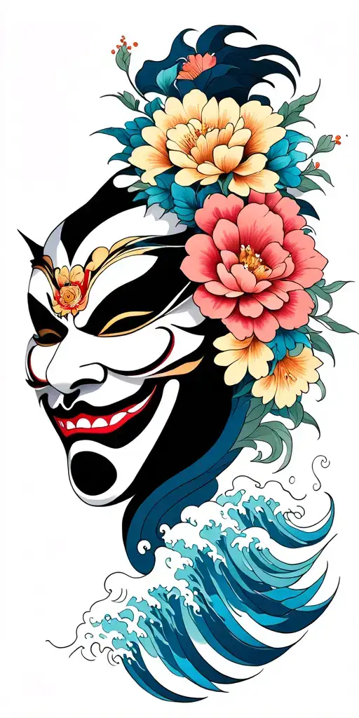Hannya Mask With Flowers And Waves