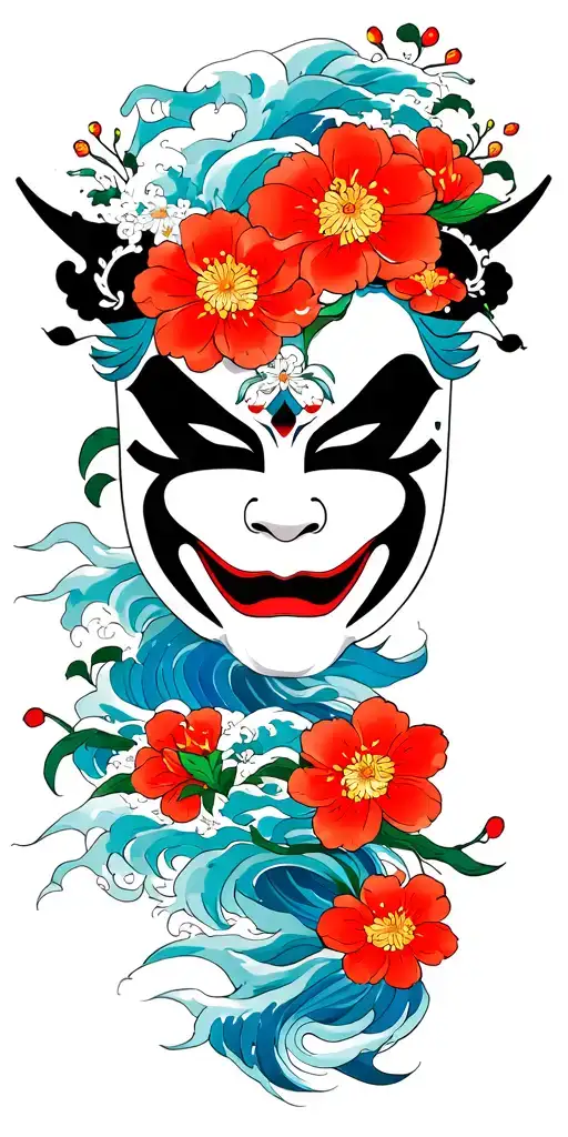 Hannya Mask With Flowers And Waves