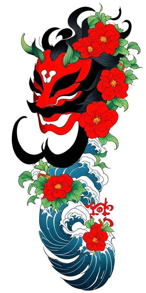 Red Hannya Mask With Flowers And Waves