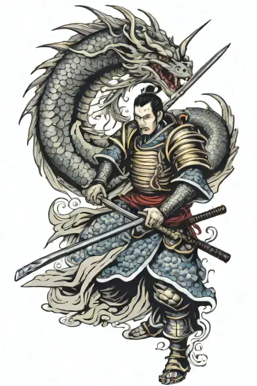 Samurai In Armor Fights Dragon With Katana