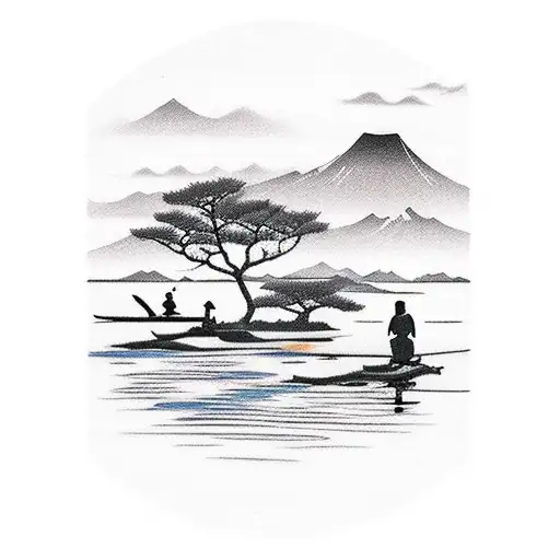 A Serene Lake Scene With A Silhouette Of A Family Enjoying A Sunset