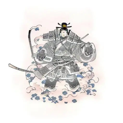 Japanese Samurai With A Sword Covered And Rozes