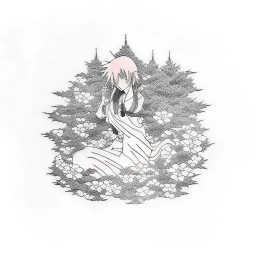 A Minimalist Tattoo Of An Anime Character Surrounded By Nature Elements Like Flowers And Trees
