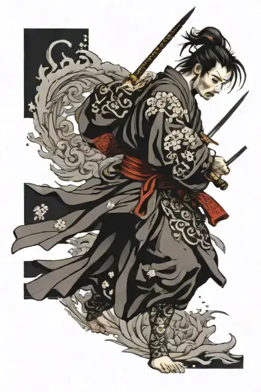 Japanese Geysha Samurai Warrior Wielding Her Sword