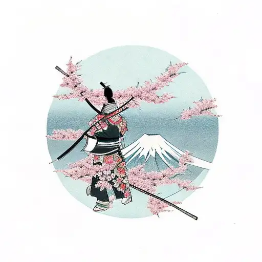 Lone Samurai With Cherry Blossom And Mount Fuji In Background