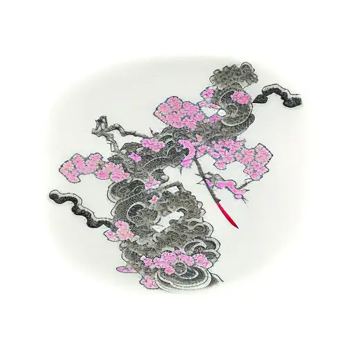 Katana With Pink Handle And Cherry Tree Leaves On Its Blade