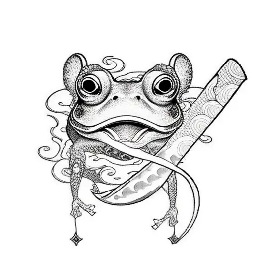 Samurai Frog With Sword Riding Ocean Wave