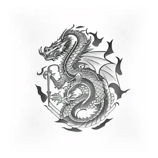 Dragon With Sword In Mid