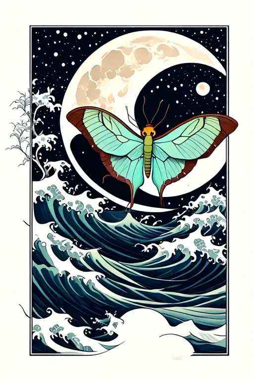 Luna Moth Below Crescent Moon And Waves