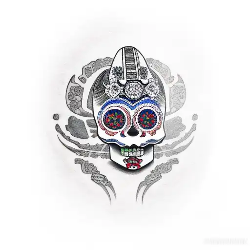 Geisha With Mexican Skull And Maori Tatto