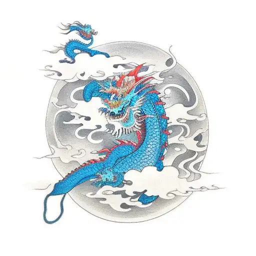 2 Japanese Flower And A Dragon Passing In The Clouds