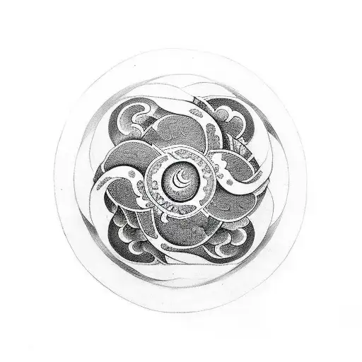 Yin And Yang Symbol With Symmetrical Shapes Surrounding It
