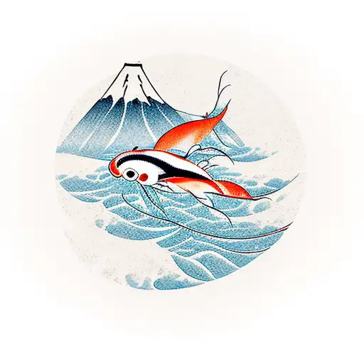 A Minimalist Design Of A Koi Fish Swimming Upstream With Mount Fuji In The Background