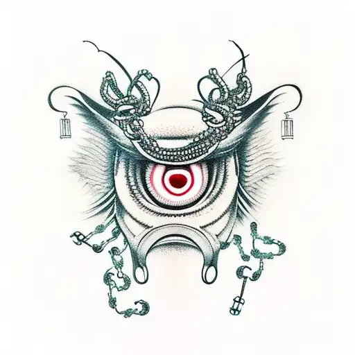 Door With Demon Eyes Surrounded By Chains And Birds Flying Chains