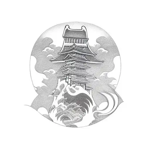 Mask With Katana And Tower And Lake