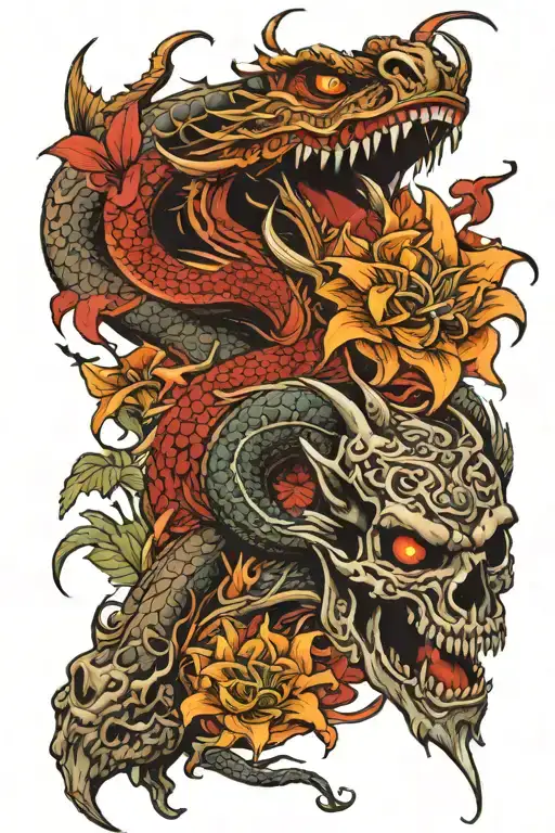 Samarai Fight Dragon Dragon Holding Samarai Skulls With Lillies Falling Around