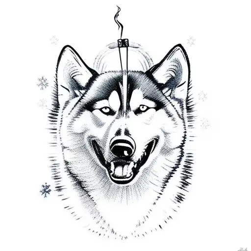 A Husky Pulling A Sled Through A Frozen River Surrounded By Towering Mountains