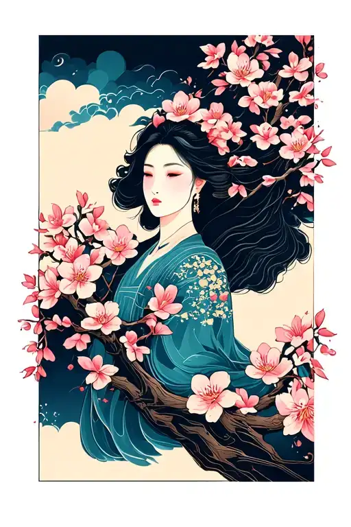 Japanese Cherry Blossom Tree And Pedals Flowing In The Wind