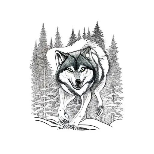 Panorama Of The Forest With A Wolf In The Background