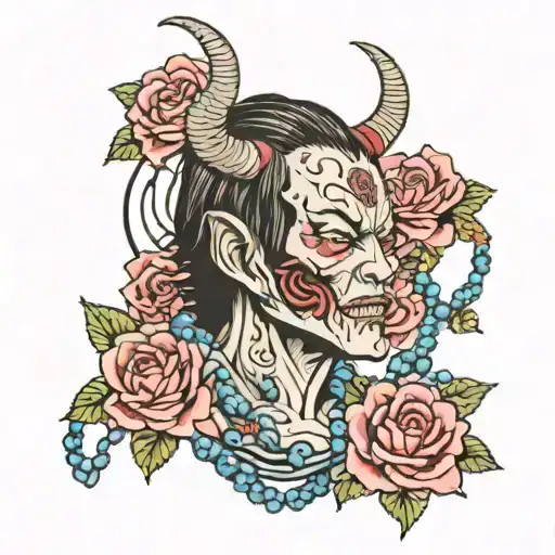 Japanese Demon Trapped By A Rosary And Roses